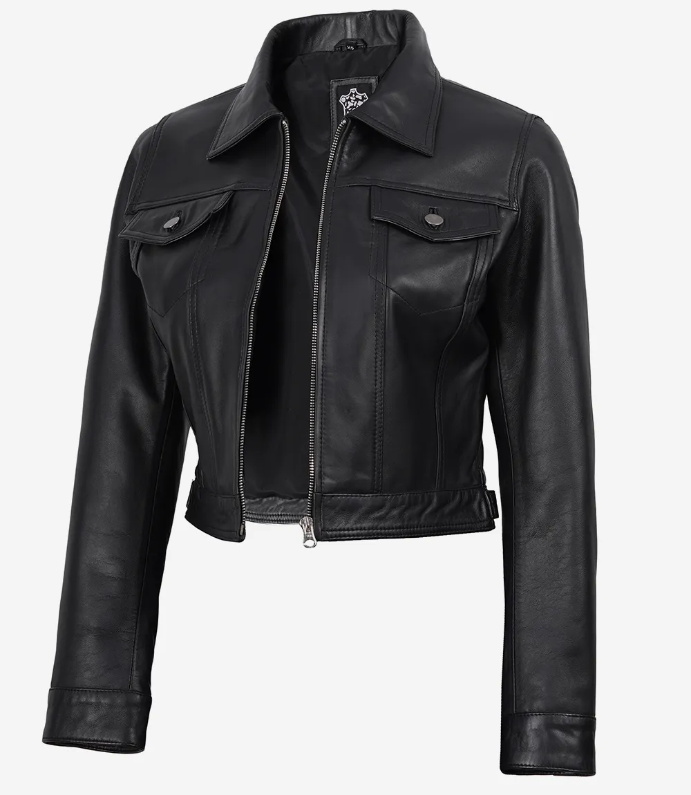 Women's Black Lambskin Leather Cropped Harrington Jacket